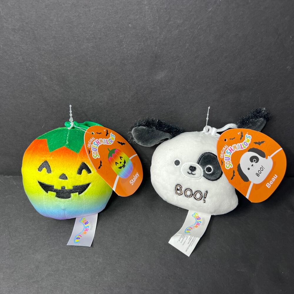 Squishmallows Halloween Plush Clip Set of 2 Beau Boo Puppy Dog Staley Pumpkin